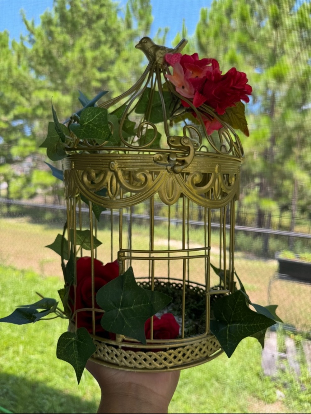 Gold Decorative Birdcage Accent with Red Floral Accents